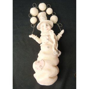 juggling snowman, white on white Holiday décor. standing mantel snowman